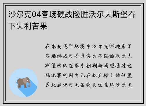 沙尔克04客场硬战险胜沃尔夫斯堡吞下失利苦果