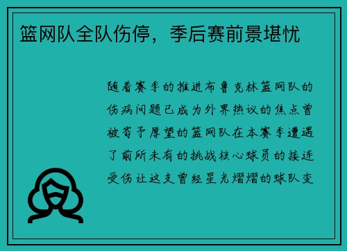 篮网队全队伤停，季后赛前景堪忧