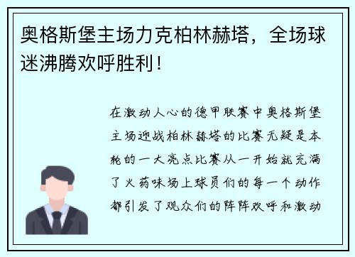 奥格斯堡主场力克柏林赫塔，全场球迷沸腾欢呼胜利！