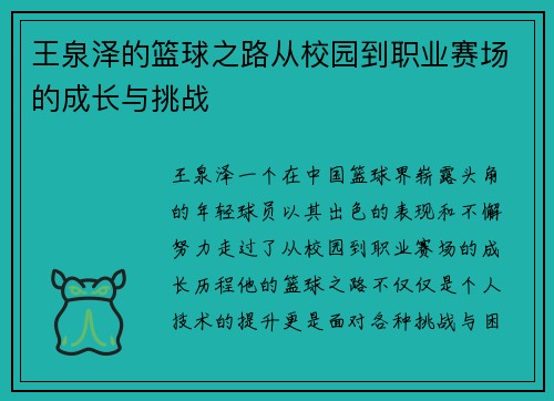 王泉泽的篮球之路从校园到职业赛场的成长与挑战