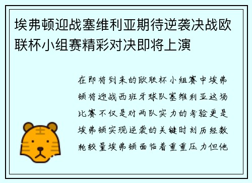 埃弗顿迎战塞维利亚期待逆袭决战欧联杯小组赛精彩对决即将上演