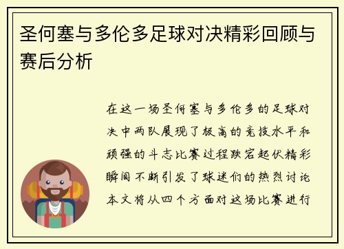圣何塞与多伦多足球对决精彩回顾与赛后分析