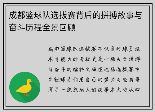 成都篮球队选拔赛背后的拼搏故事与奋斗历程全景回顾